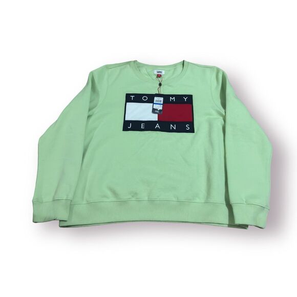 Tommy Jeans Flag Logo Sweartshirt Retro 90s Crew Neck Mint Green‎ Mens Size XL - Picture 1 of 5